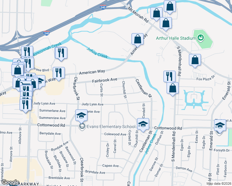 map of restaurants, bars, coffee shops, grocery stores, and more near 5094 Darlington Drive in Memphis