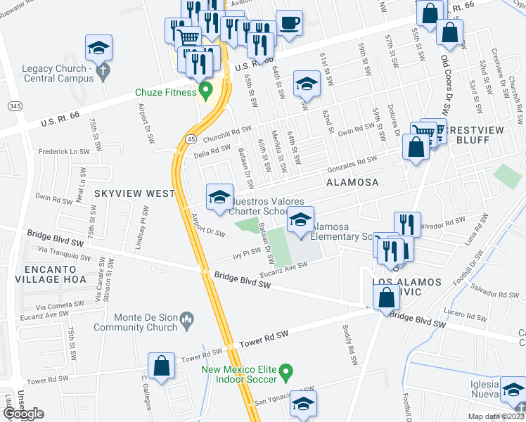 map of restaurants, bars, coffee shops, grocery stores, and more near 608 Bataan Drive Southwest in Albuquerque