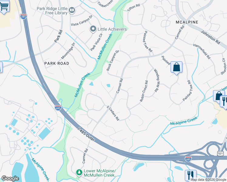 map of restaurants, bars, coffee shops, grocery stores, and more near 7921 Carmel Oaks Court in Charlotte