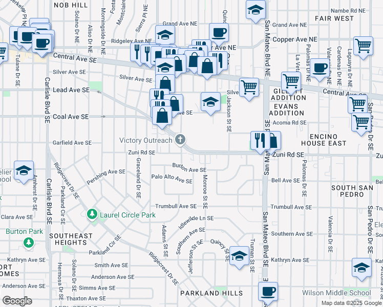 map of restaurants, bars, coffee shops, grocery stores, and more near 519 Madison Place Southeast in Albuquerque