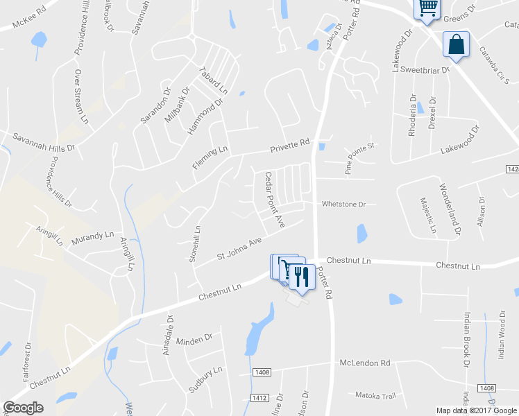 map of restaurants, bars, coffee shops, grocery stores, and more near 1316 Gainsborough Drive in Matthews