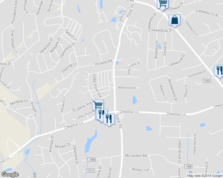 map of restaurants, bars, coffee shops, grocery stores, and more near 1009 Gainsborough Drive in Matthews