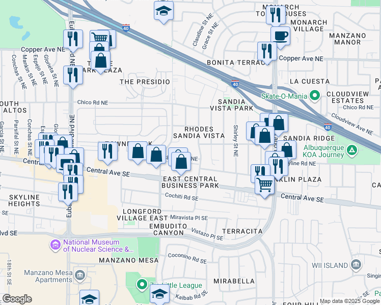 map of restaurants, bars, coffee shops, grocery stores, and more near 11117 Skyline Road Northeast in Albuquerque