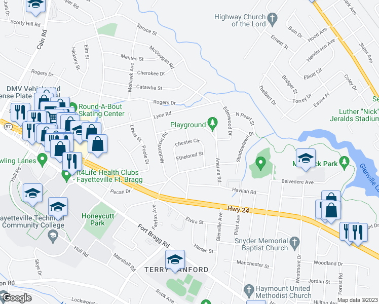 map of restaurants, bars, coffee shops, grocery stores, and more near 811 Ethelored Street in Fayetteville