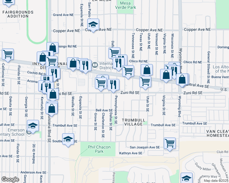 map of restaurants, bars, coffee shops, grocery stores, and more near 7915 Zuni Road Southeast in Albuquerque