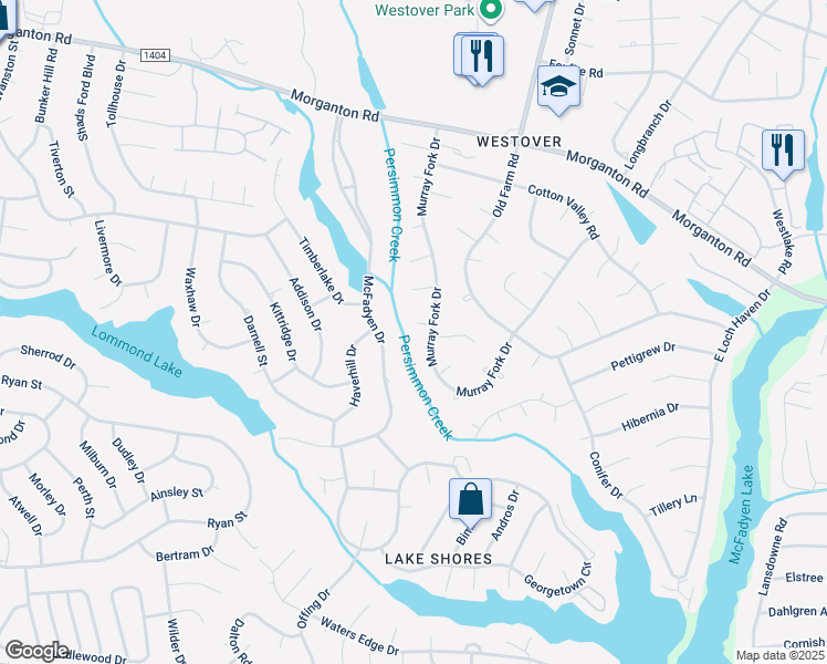 map of restaurants, bars, coffee shops, grocery stores, and more near 6005 Duroc Court in Fayetteville