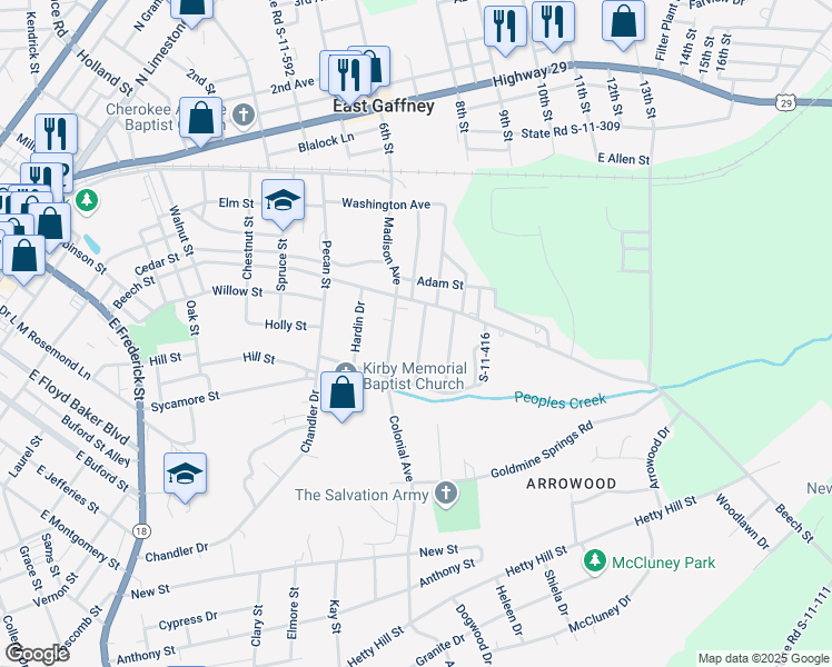 map of restaurants, bars, coffee shops, grocery stores, and more near 408 Barclay Avenue in Gaffney