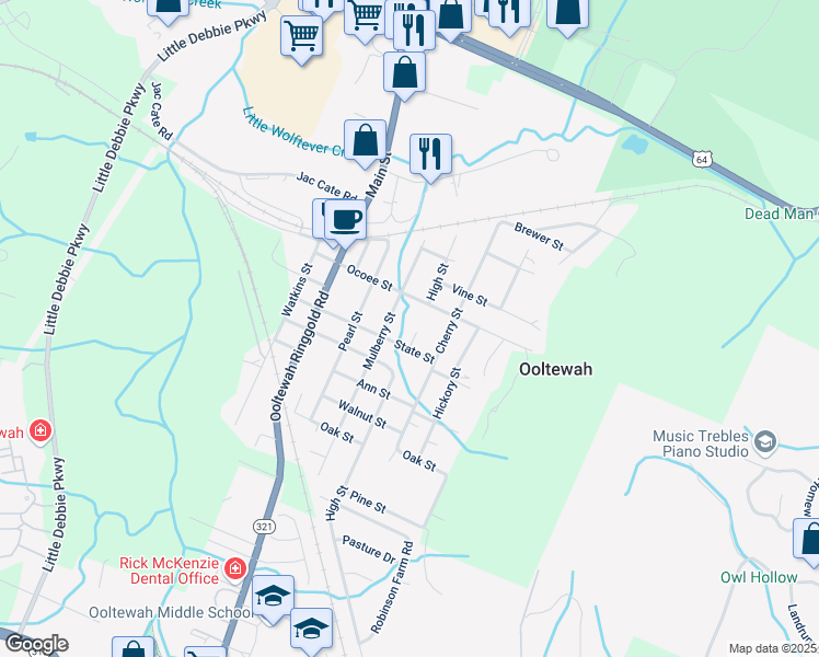 map of restaurants, bars, coffee shops, grocery stores, and more near 5624 High Street in Ooltewah