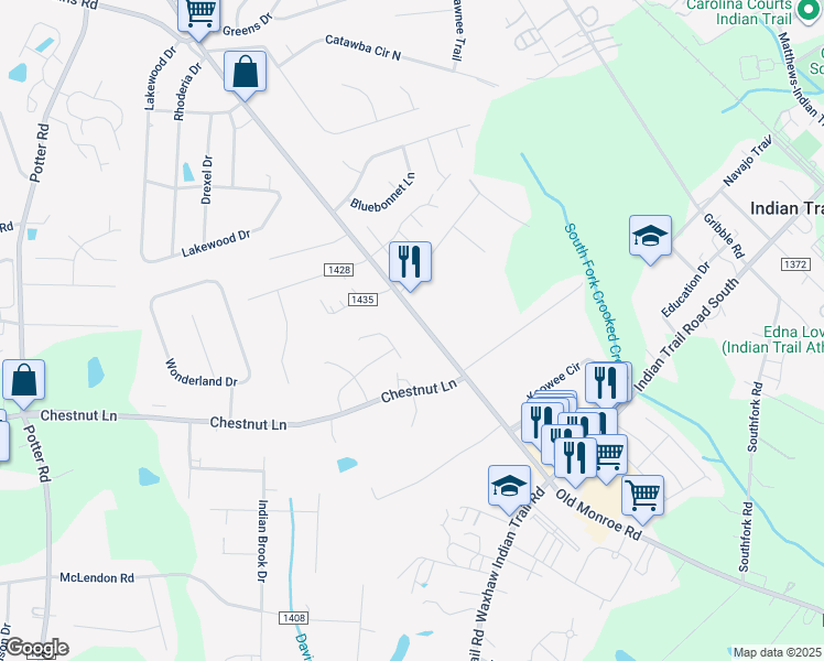 map of restaurants, bars, coffee shops, grocery stores, and more near 3924 Old Monroe Road in Indian Trail