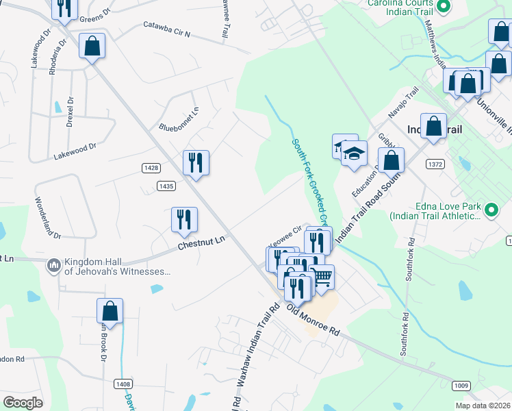 map of restaurants, bars, coffee shops, grocery stores, and more near 217 Williams Rescue Road in Indian Trail