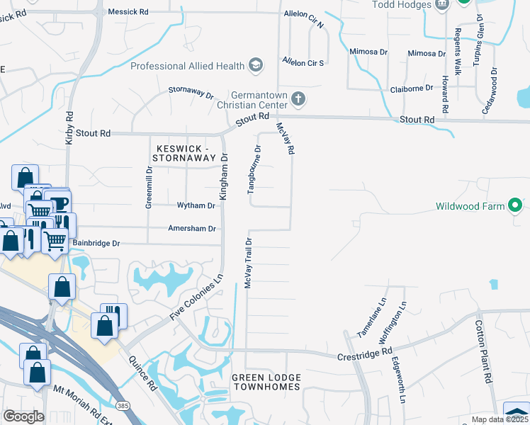 map of restaurants, bars, coffee shops, grocery stores, and more near 6983 Dashwood Drive in Memphis