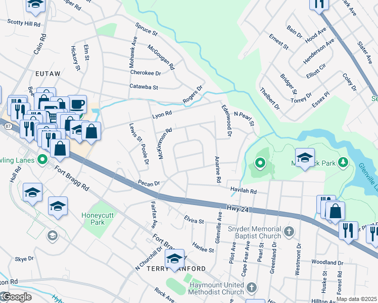 map of restaurants, bars, coffee shops, grocery stores, and more near 811 Ethelored Street in Fayetteville