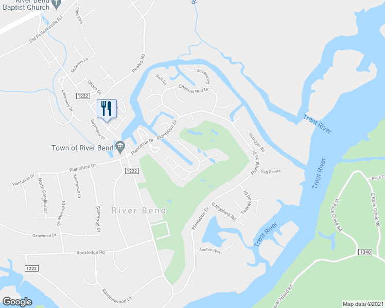 map of restaurants, bars, coffee shops, grocery stores, and more near 144 Quarterdeck Townhouses in New Bern