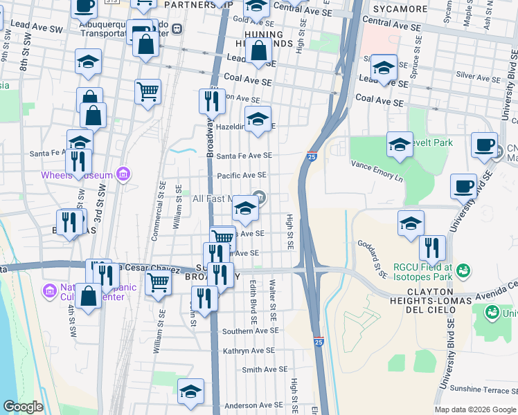 map of restaurants, bars, coffee shops, grocery stores, and more near 1020 Edith Boulevard Southeast in Albuquerque