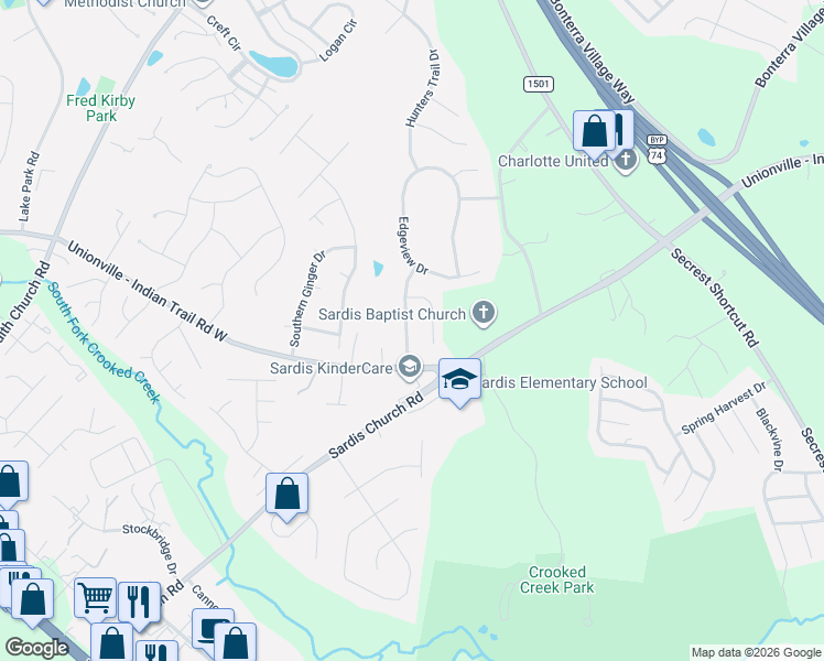 map of restaurants, bars, coffee shops, grocery stores, and more near 3310 Arbor Pointe Drive in Indian Trail