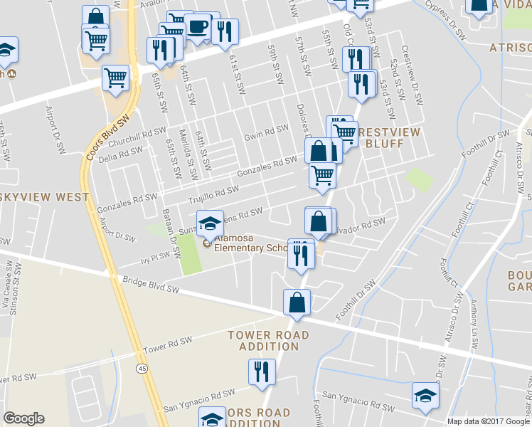 map of restaurants, bars, coffee shops, grocery stores, and more near 901 Field Street Southwest in Albuquerque