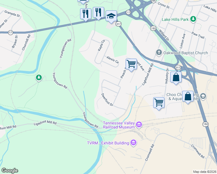 map of restaurants, bars, coffee shops, grocery stores, and more near 4305 Thunderbird Drive in Chattanooga