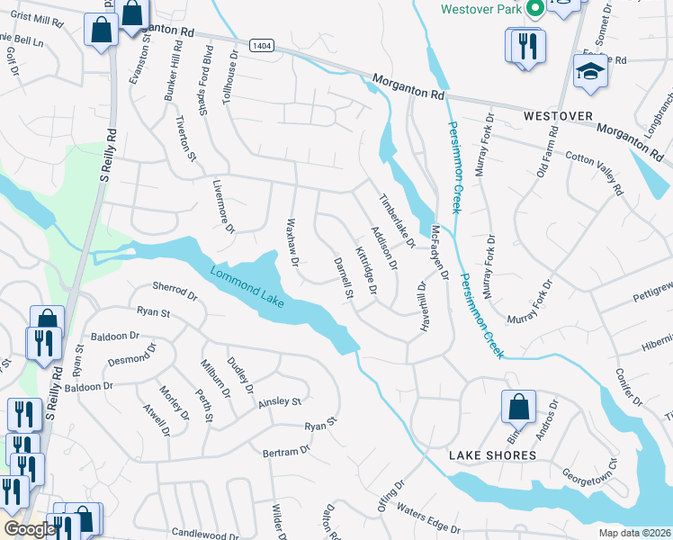 map of restaurants, bars, coffee shops, grocery stores, and more near 7034 Darnell Street in Fayetteville