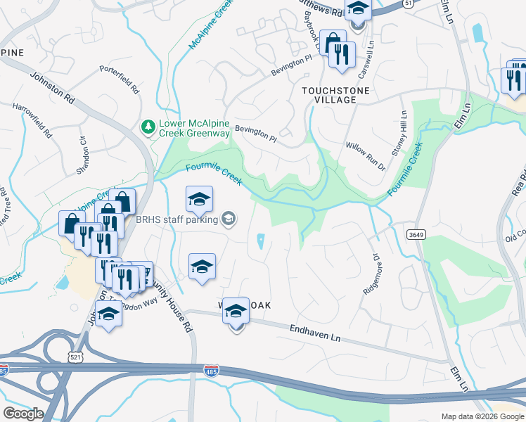 map of restaurants, bars, coffee shops, grocery stores, and more near 10201 Rougemont Lane in Charlotte
