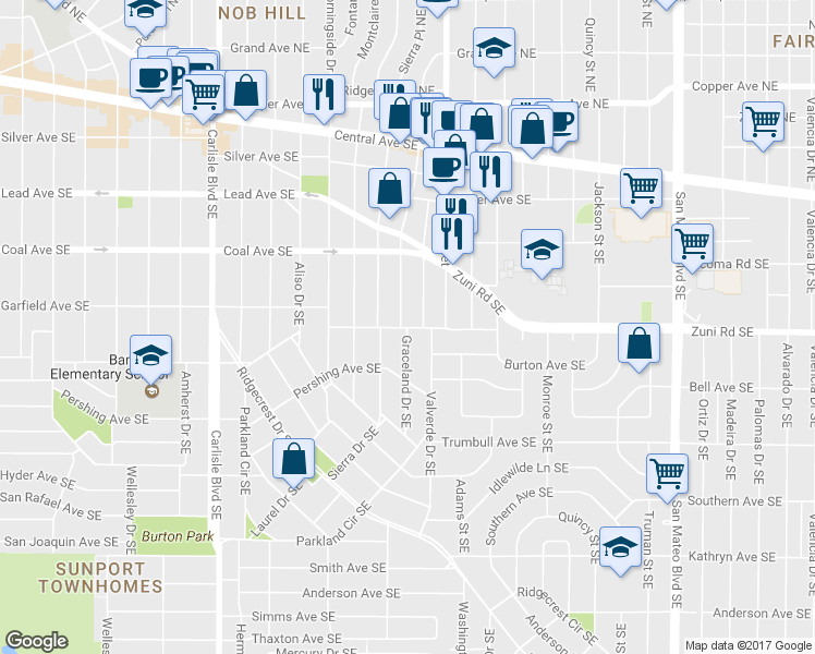 map of restaurants, bars, coffee shops, grocery stores, and more near Zuni Rd SE & Graceland Dr SE in Albuquerque