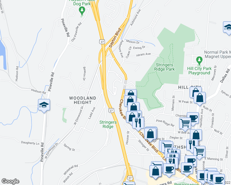 map of restaurants, bars, coffee shops, grocery stores, and more near 168 Whitehall Road in Chattanooga