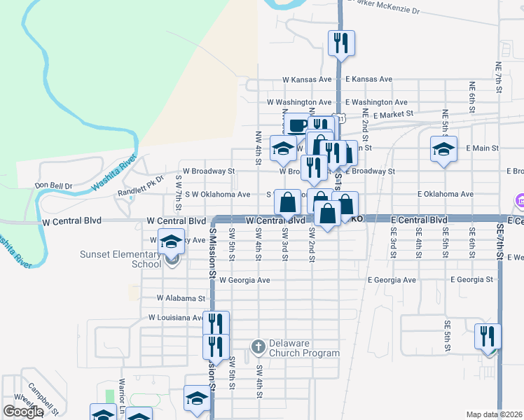 map of restaurants, bars, coffee shops, grocery stores, and more near 329 West Central Boulevard in Anadarko