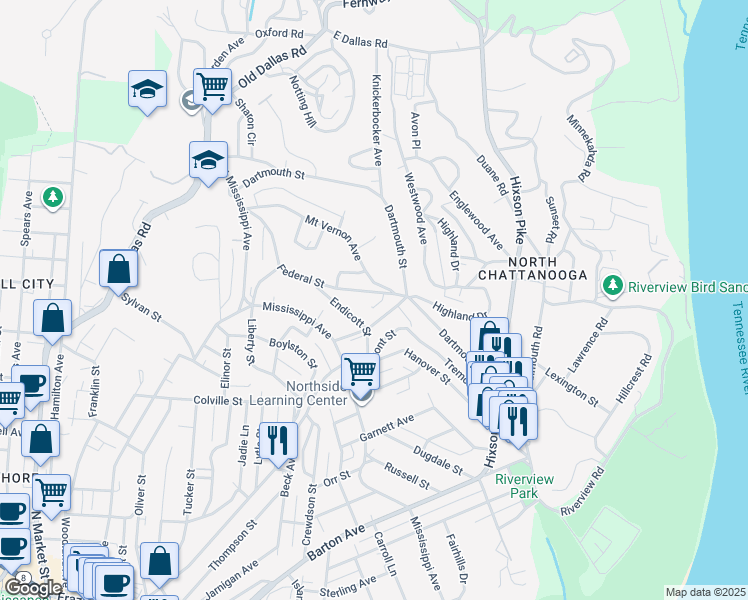 map of restaurants, bars, coffee shops, grocery stores, and more near 924 Federal St in Chattanooga