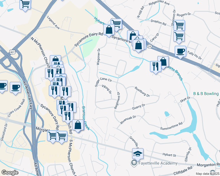 map of restaurants, bars, coffee shops, grocery stores, and more near 218 Viking Drive in Fayetteville