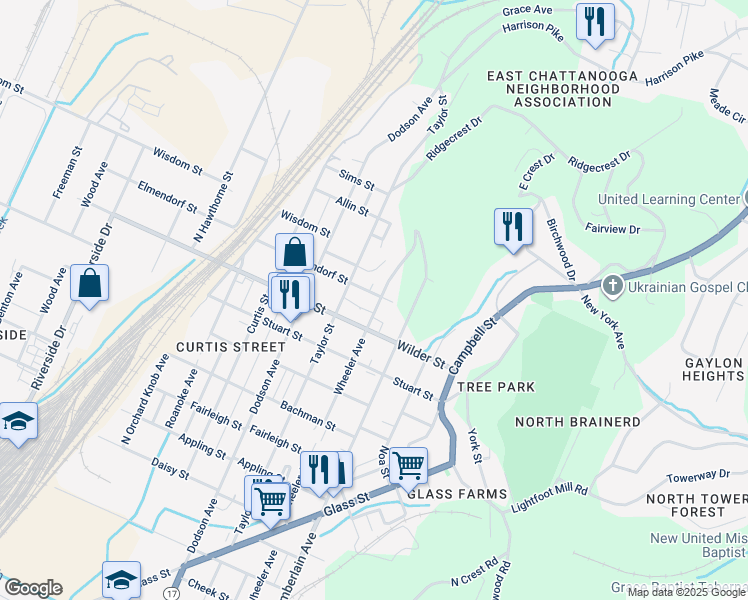 map of restaurants, bars, coffee shops, grocery stores, and more near 2310 Elmendorf Street in Chattanooga