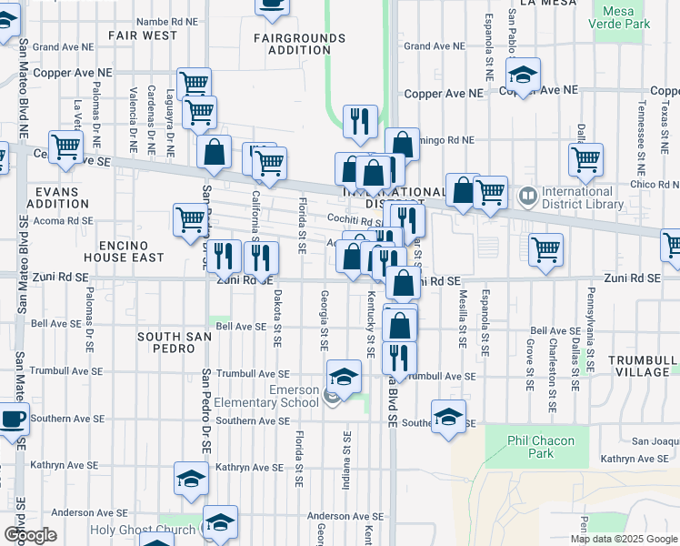 map of restaurants, bars, coffee shops, grocery stores, and more near 6901 Zuni Road Southeast in Albuquerque