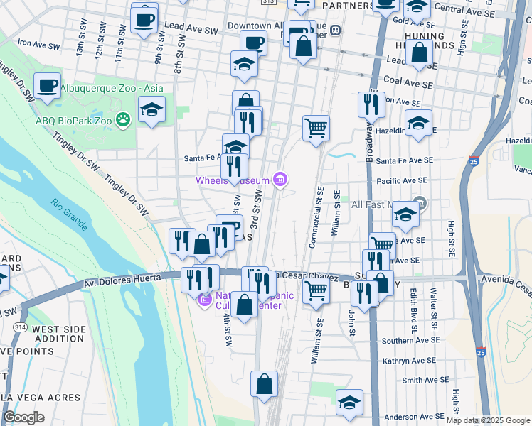 map of restaurants, bars, coffee shops, grocery stores, and more near 1219 2nd Street Southwest in Albuquerque