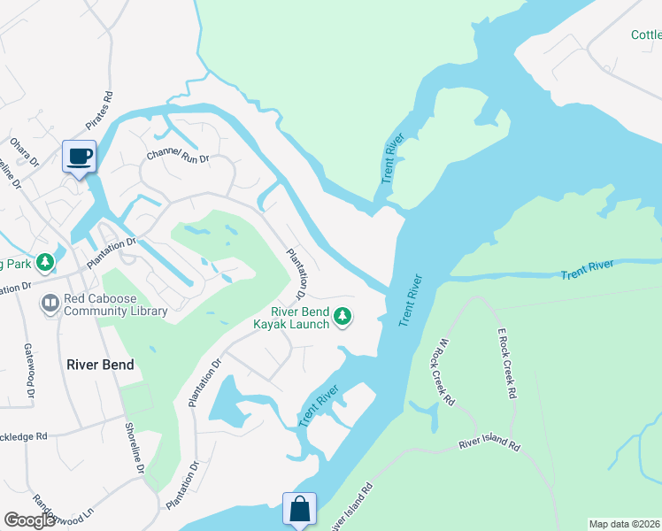 map of restaurants, bars, coffee shops, grocery stores, and more near 106 Outrigger Road in New Bern