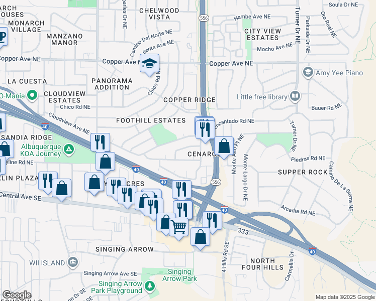map of restaurants, bars, coffee shops, grocery stores, and more near 13410 Canyonview Place Northeast in Albuquerque