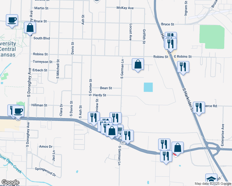 map of restaurants, bars, coffee shops, grocery stores, and more near 1404 Hardy Street in Conway