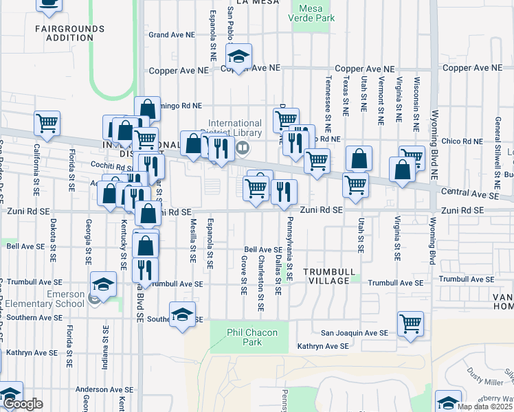 map of restaurants, bars, coffee shops, grocery stores, and more near 7717 Zuni Road Southeast in Albuquerque
