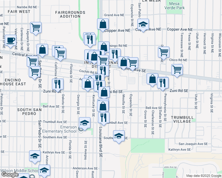 map of restaurants, bars, coffee shops, grocery stores, and more near 331 Alcazar Street Southeast in Albuquerque