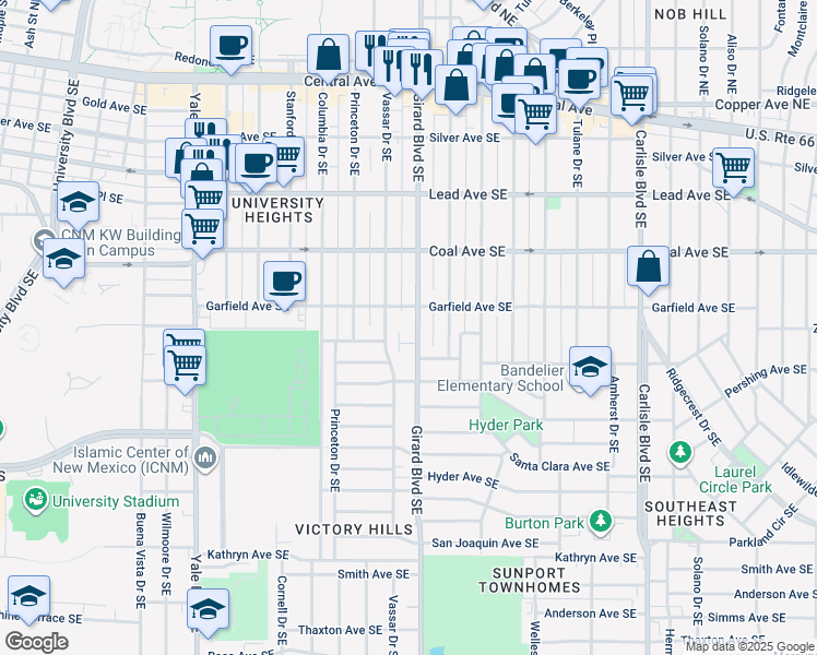 map of restaurants, bars, coffee shops, grocery stores, and more near 518 Vassar Drive Southeast in Albuquerque