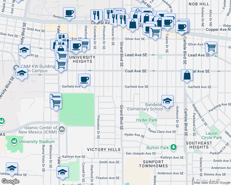 map of restaurants, bars, coffee shops, grocery stores, and more near 518 Vassar Drive Southeast in Albuquerque