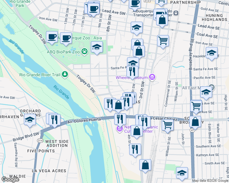 map of restaurants, bars, coffee shops, grocery stores, and more near 716 Marquez Lane Southwest in Albuquerque