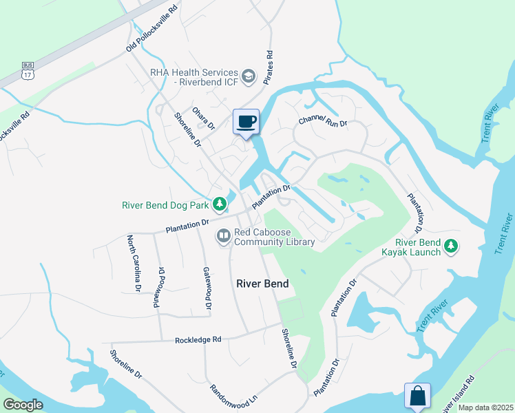 map of restaurants, bars, coffee shops, grocery stores, and more near 4 Quarterdeck Townhouses in New Bern