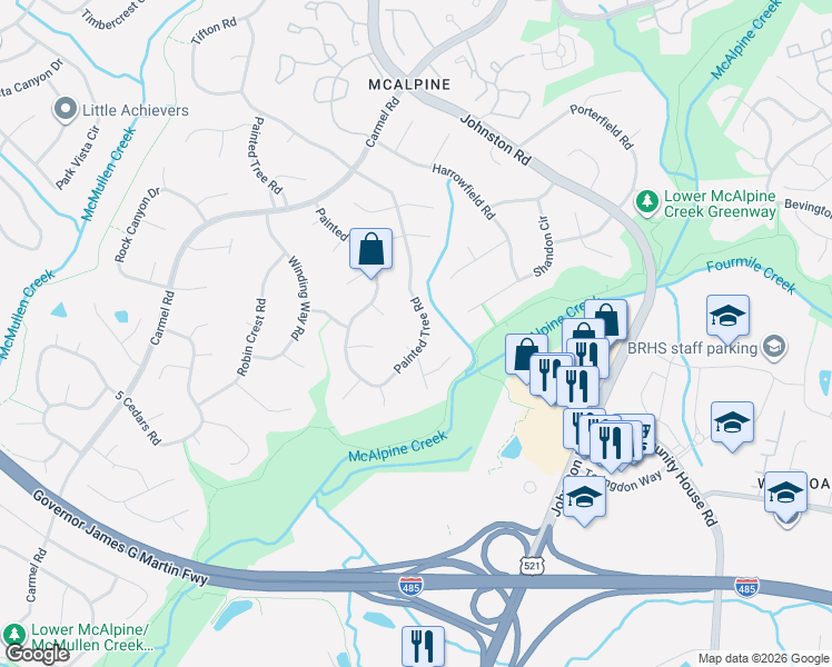 map of restaurants, bars, coffee shops, grocery stores, and more near 11510 Painted Tree Road in Charlotte