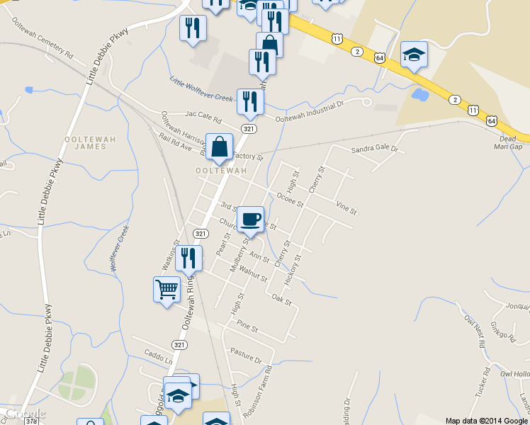map of restaurants, bars, coffee shops, grocery stores, and more near 5624 High Street in Ooltewah
