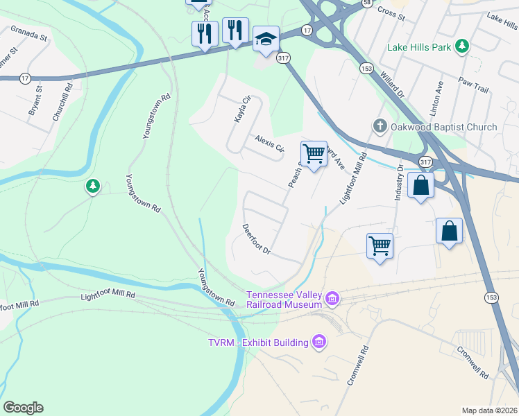 map of restaurants, bars, coffee shops, grocery stores, and more near 4305 Thunderbird Drive in Chattanooga