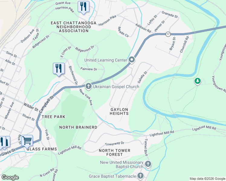 map of restaurants, bars, coffee shops, grocery stores, and more near 3631 Sapulpa Street in Chattanooga