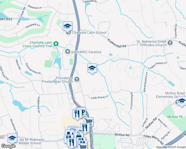 map of restaurants, bars, coffee shops, grocery stores, and more near 10045 Providence Church Lane in Charlotte
