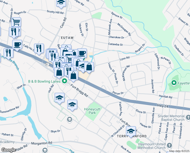 map of restaurants, bars, coffee shops, grocery stores, and more near 2462 Bragg Boulevard in Fayetteville