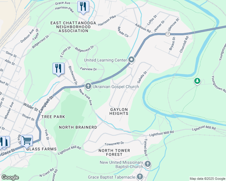 map of restaurants, bars, coffee shops, grocery stores, and more near 3631 Sapulpa Street in Chattanooga