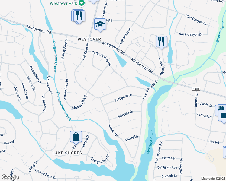 map of restaurants, bars, coffee shops, grocery stores, and more near 405 Old Farm Road in Fayetteville