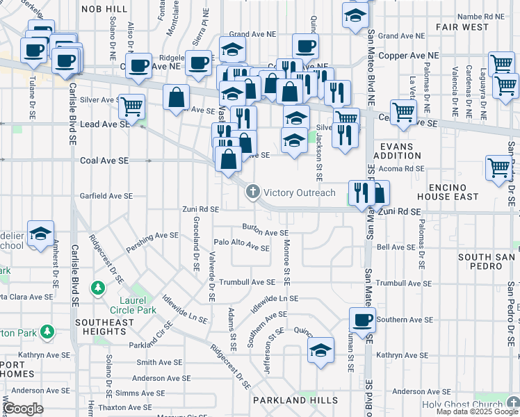 map of restaurants, bars, coffee shops, grocery stores, and more near 430 Jefferson Street Southeast in Albuquerque