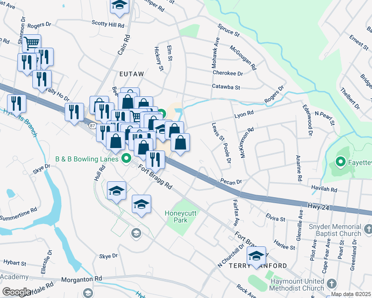 map of restaurants, bars, coffee shops, grocery stores, and more near 2450 Bragg Boulevard in Fayetteville